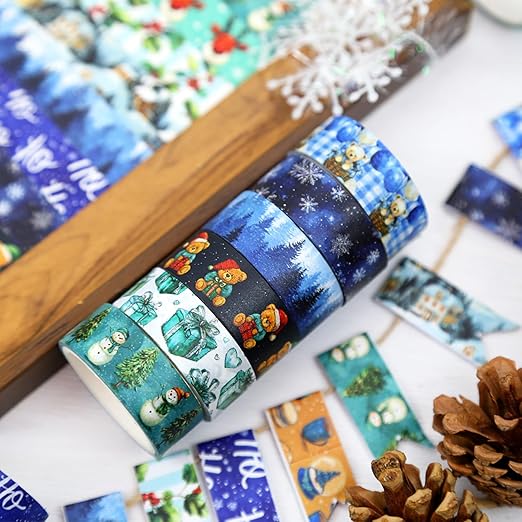 12 Rolls Winter Washi Tape Set, Blue Decorative Tape Snowflake ICY Christmas Themed Masking Tape for Journaling Supplies, Junk Journal, Scrapbooking, DIY Arts & Crafts, Gift Wrapping