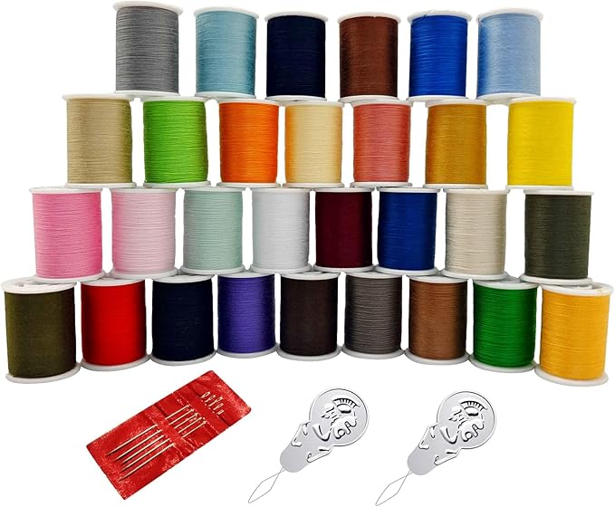 Fbshicung Polyester Sewing Thread Set - 30 Assorted Colors, 50 Yards per Thread Spool, Sewing Kit Includes 5 Large Eye Hand Needles, 2 Needle Threader, Suitable for DIY Hand Sewing