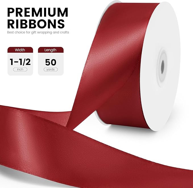 1-1/2" x 50 Yards Satin Ribbon - Burgundy Silk Ribbon with Spool - Ideal for Gift Wrapping, Floral Bouquets, Crafts, Wedding Party Decorations, Christmas and Sewing Projects