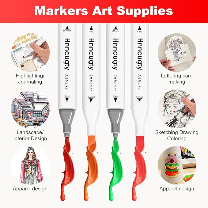 Alcohol Markers Set 60 Colors, Dual Tips Coloring Art Markers Set with Case & Holders, Chisel & Fine Artist Sketch Pens Art Supplies for Adult Coloring Books, Drawing, Painting, Sketching