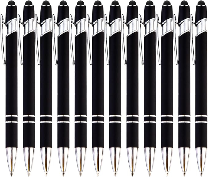 PASISIBICK 12-Piece Black Ballpoint Pen with Stylus Tip, 2 in 1 Stylish Metal Touch Screen Pen - Black Ink, 1.0 mm Medium Point - 5.5 x 0.4 inch / 14 x 1 cm