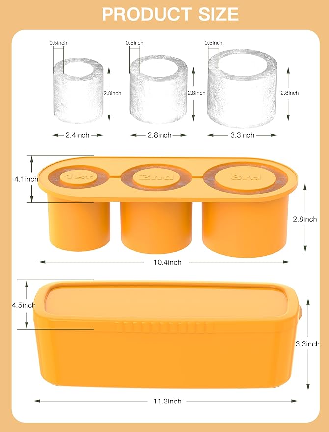 Ice Cube Tray for Tumbler Cup 30Oz-40Oz, 3 Pcs Silicone Cylinder Ice Mold with Lid and Bin for Freezer, Easy Fill and Release Ice Maker for Whiskey, Cocktail BPA-Free (Yellow, 40Oz-Type1)
