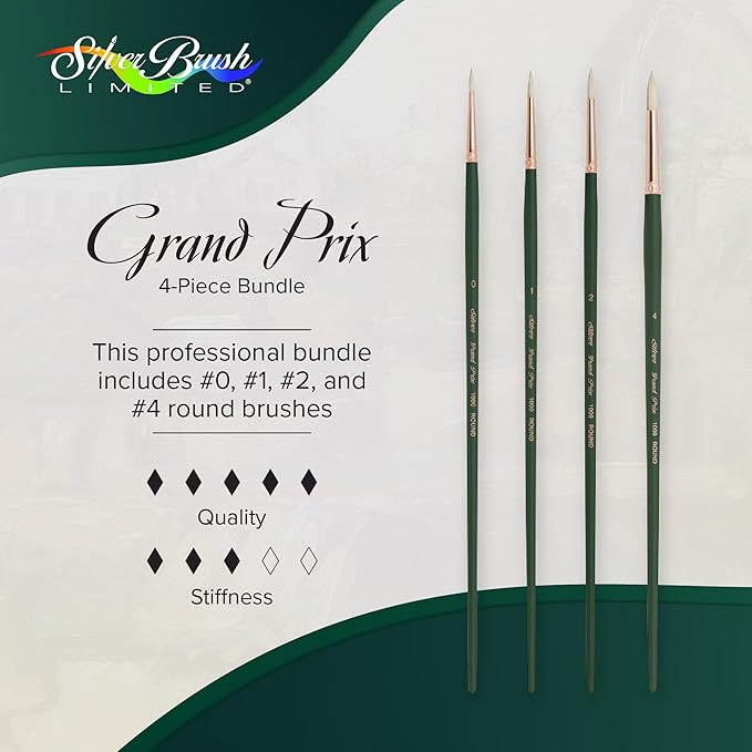 Silver Brush Limited GP-1066 Grand Prix Long Handle Round Brushes with Natural Hog Bristles, 4pc Professional Artist Painting Bundle for Oil, Acrylic, Gouache, Casein, or Varnish, Sizes 0, 1, 2, and 4