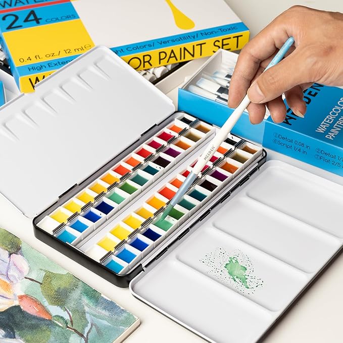 MEEDEN Empty Watercolor Tin Palette: Portable Watercolor Palette Paint Case with 48 Half Pans - Metal Watercolor Palette Tin Box with Lid for Artist Student Adults (Red)