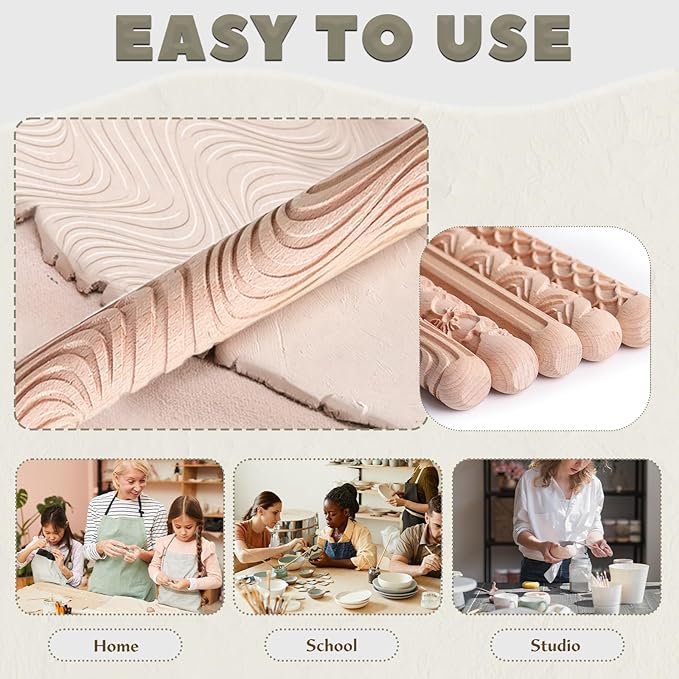 11 Pcs Clay Pottery Tools Kit with 5 Clay Texture Rollers,4 Clay Stamps,2 Foot Shapers Pottery Ribs Trimming | All-in-One Ceramic Carving Set for Clay Molding & Sculpting & Ceramics