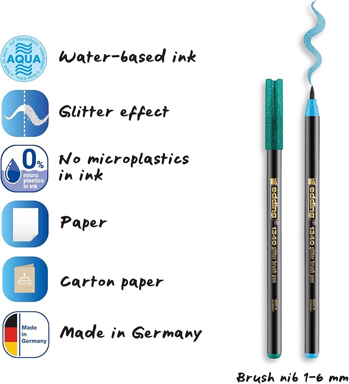 edding 1340 Glitter Brush Pen Set – 10pcs Assorted Colors with Soft Brush Nib, Quick-Drying, Smooth Writing – Glitter Markers for Journals, Planners, Scrapbooking, & Adult Coloring – Made in Germany