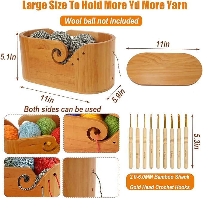 Wooden Oval Yarn Bowls for Crocheting, Handmade Crochet Bowls with Lid and 9 Pcs Knitting Hooks, Knitting Lovers Yarn Storage Bowl for Handmade Knitting Yarn Lovers (Original Wooden Color)