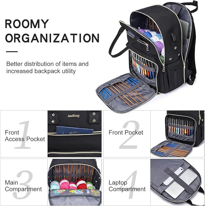 Knitting Bag Crochet Backpack for Crocheters,Yarn Organizer Storage for Knitters Travel,Large Capacity Crochet Bag Yarn Storage Tote Bag with USB Port Knitting Gifts for Women