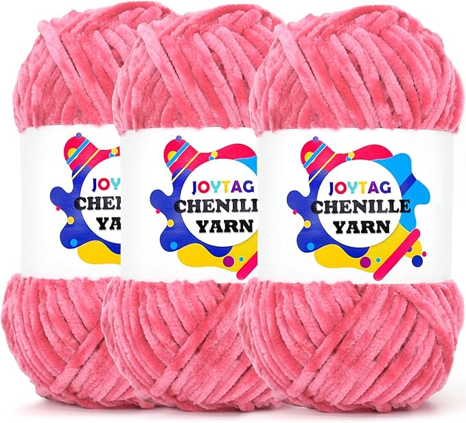 Velvet Chenille Yarn for Crocheting Hot Pink Velvet Fluffy Plush Thick Bulky Chunky Chenille Velvet Soft Baby Blanket Yarn for Crocheting Hand Knitting 3 * 100g-Hot Pink