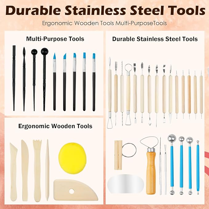 41PCS Clay Sculpting Tools Kit, Pottery Tools with Organizer Storage Bag, Wooden, Stainless Steel Plastic Clay Tools, Sculpting Tool for DIY Handcraft, Modeling, Ceramic Carving