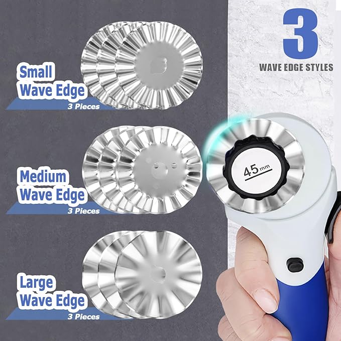 Mesee 9Pcs 45mm Pinking Rotary Cutter Blades 3 Types Wave Rotary Blade Set Decorative Edge Blades Replacement Refill Quilting Cutting Tool Accessories for Sewing Fabric Leather Paper Arts Crafts