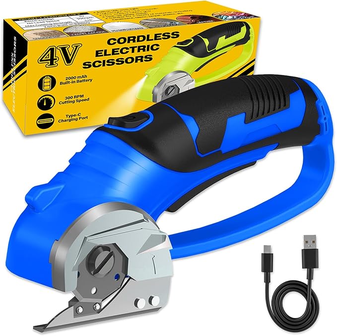 Cordless Electric Scissors, 4V Box Cutter & Cardboard Cutter with Upgrade Blade, LED Light, Safety Lock - Rechargeable Rotary Cutter for Fabric, Leather, Plastic, Sewing, Industrial (Royal Blue)