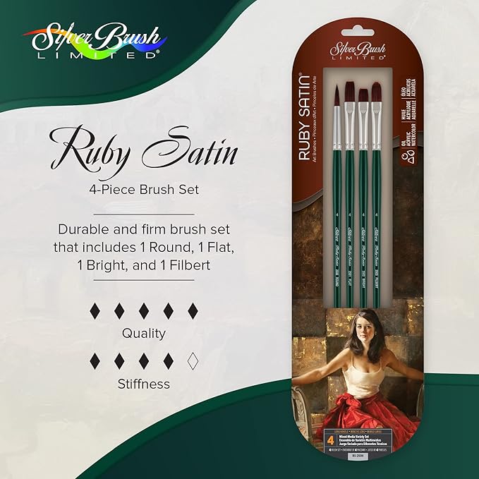 Silver Brush Limited RS-2504 Ruby Satin Mixed-Media Variety Set, Paintbrushes for Oil, Acrylic, and Heavy Body Paints, Set of 4, Size 4 Round, Flat, Bright, & Filbert Brushes, Long Handle