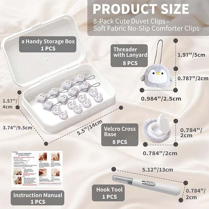 8 Pcs Duvet Clips with Pins Quilt Fixer,Non-Slip Duvet Cover Clips,Duvet Clips to Hold Comforter Inside,No Needles，Penguin Pattern(Inc Hook Tool,Storage Box)(Gray)