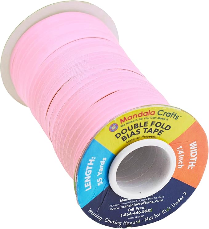 Mandala Crafts 55 Yards 1/4 Inch Pink Double Fold Bias Tape for Sewing - Bias Binding Tape for Quilting Binding, Hemming, Seam, and Fabric Piping
