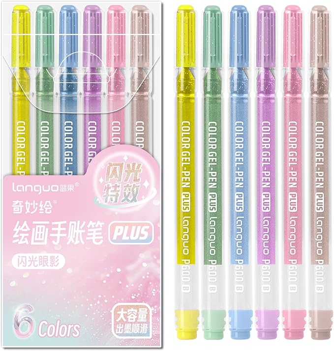 Glitter Gel Pens, 6 Pack Colored Pens for Black Paper & White Paper, 1.0mm Point Pens, Large Capacity Ink Pens for Coloring, Writing, Drawing, Journaling, Note Taking, Office, Home