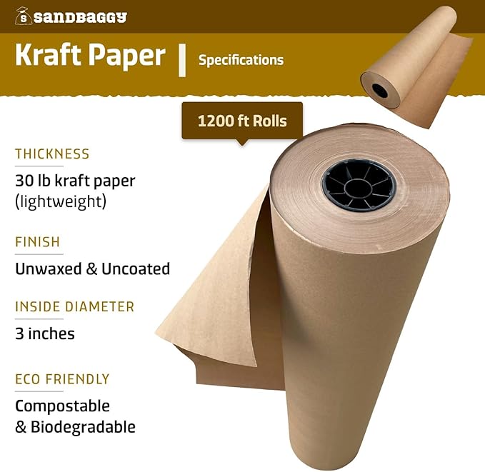 Sandbaggy Lightweight Kraft Paper Rolls - 30 lb. Recycled Paper - Shipping, Packing, Wrapping, Arts and Crafts - Made in The USA (Brown) (24 in x 1200 ft (50 roll), Brown)