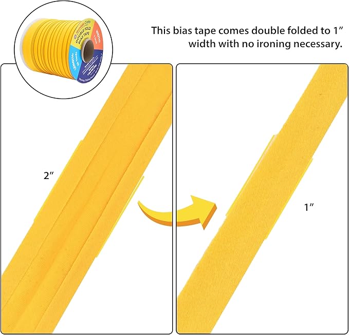 Mandala Crafts 55 Yards 1 Inch Mustard Yellow Double Fold Bias Tape for Sewing - Bias Binding Tape for Quilting Binding, Hemming, Seam, and Fabric Piping