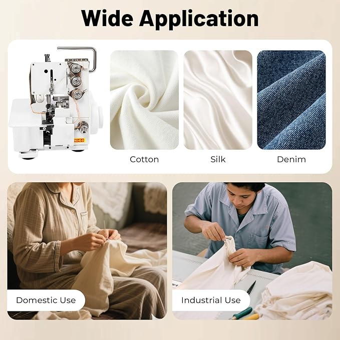 Serger Overlock Machine 4 Thread Seaming Machine with Foot Controller 1200 Stitches/Minute Adjustable Needle Pitch Automatically Cuts and Trims LED Light