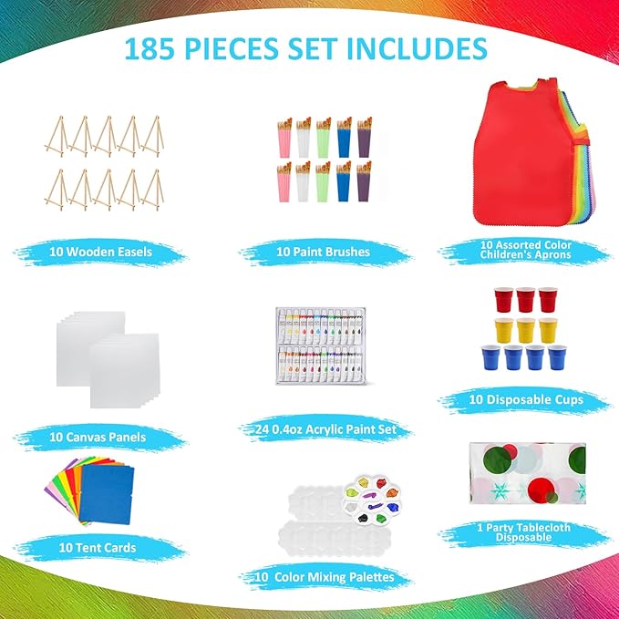 Rabbitale 185 Pcs Art Painting Kit Supplies Set for Party - 100 Paint Brushes, 24 Acrylic Paints, 10 Wood Easels & Canvas Panels & Palettes & Aprons & Wash Pen Cup, 1 Plastic Tablecloth