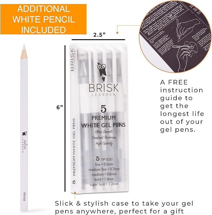 5 White Gel Pens - 5 Tip Sizes - 0.5, 0.7, 0.8, 1.0, 1.2mm for Artists - Archival White Ink for Art, Drawing, Journaling, Watercolor, Black Paper