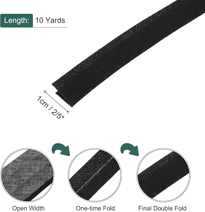 MECCANIXITY 2/5 Inch Double Fold Bias Tape Polyester Continuous Bulk Bias Tape for Sewing,Seaming Quilting Hemming Binding Crafts (Black 10 Yards)