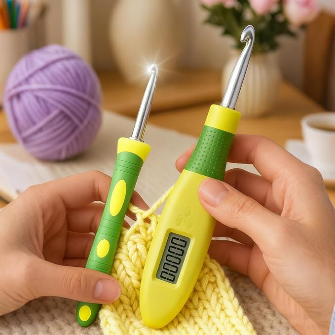 Light up Crochet Hook Set Counting Set Digital Crochet Kit Ergonomic with Lighted Led and Stitch for Crocheting and Knitting