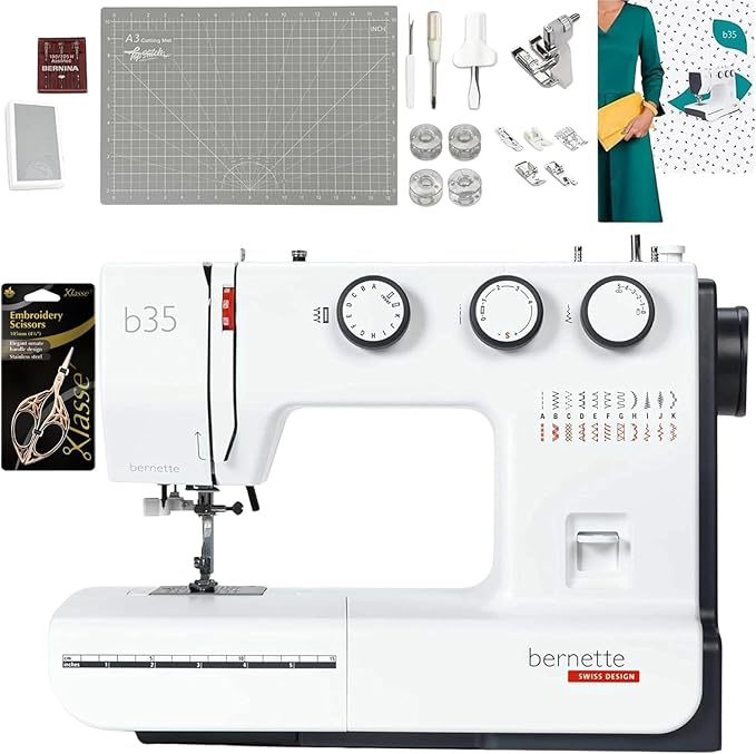 Bernette B35 Sewing Machine for Beginners | 23 Built-In Stitches, 7 Presser Feet, One-Step Buttonhole | Includes Cutting Mat, Scissors, Bobbins, Seam Ripper, Screwdriver, Foot Pedal & Accessories
