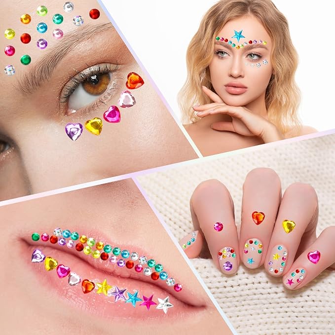 1296 pcs Valentines Gem Stickers Rhinestones for Crafts, Sparkling Cute Star Heart Round Small Stickers for Women Adults, Glitter Jewels Stickers for Face Eye Body Makeup, DIY Decoration WUINOID