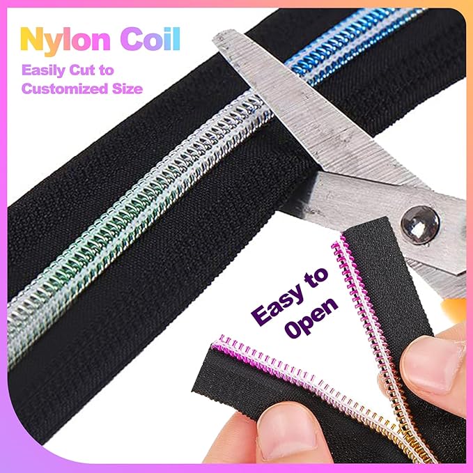 #5 Rainbow Zipper Tape by The Yard 5 Yards Colorful Teeth Nylon Zippers with 10 Pcs Metal Rainbow Zipper Pullsfor DIY Sewing Tailor Crafts (Black，Rainbow)