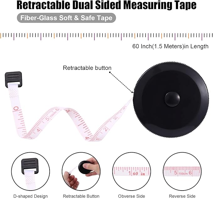Measuring Tape Retractable, 60 Inch Soft Fabric Tape Measure for Body, Push Button Sewing Measurement Tape for Cloth Waist(3 Pack/Silver Black White)