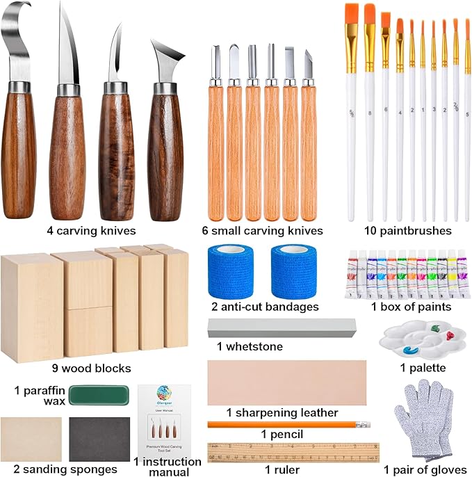 Olerqzer Deluxe Wood Carving Kit Whittling Kit, 54 PCS Wood Carving Tools Set with Carving Hook Knife,Whittling Knife,Painting Set and Basswood Blocks,Wood Carving Knives for Beginners Adults Kids