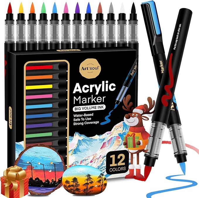 Art+soul Acrylic Paint Markers, 12 Colors - Soft Brush Tip & Automatic Ink Control System, Big Volume Ink for Rock Painting, Paper, Wood, Stone, Canvas, Glass Surfaces, DIY Crafting & Art Supplies
