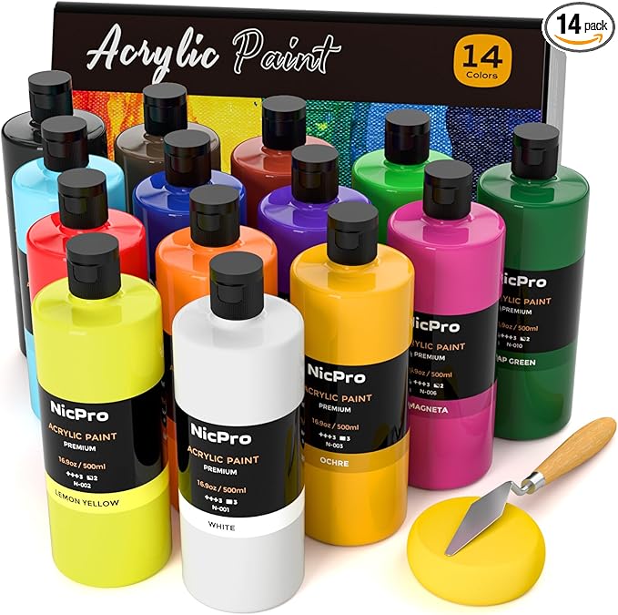 Nicpro 14 Colors Large Bulk Acrylic Paint Set (16.9 oz,500 ml) Rich Art Painting Supplies, Non Toxic for Multi Surface Rock Canvas Wood Ceramic Leather Fabric Craft for Adult with Color Wheel