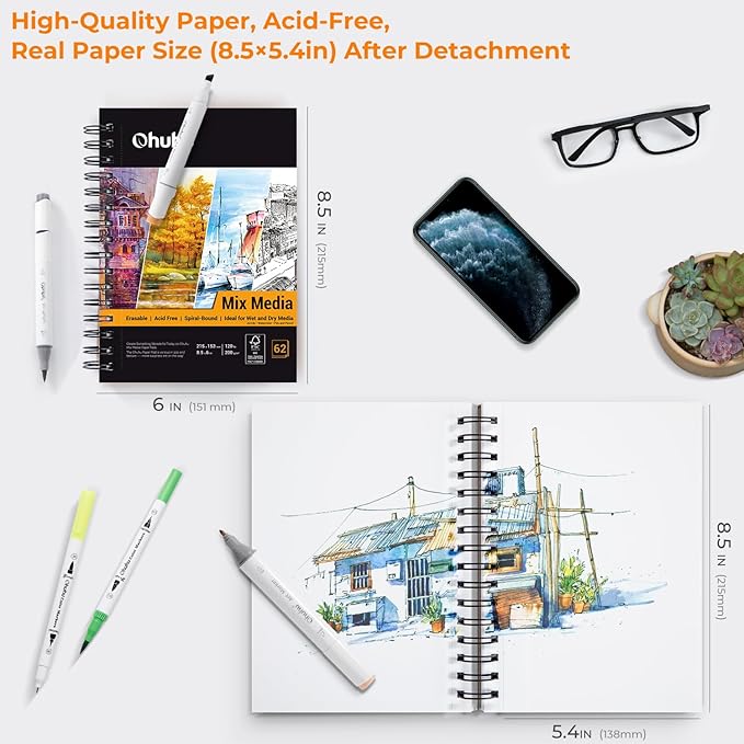 Ohuhu Mix Media Pad, 8.5"x6" Mixed Media Art Sketchbook, 120 lb/200 gsm Heavyweight Papers, 62 Sheets/124 Pages, Spiral Bound Mixed Media Paper Pad for Acrylic, Painting Christmas Gift
