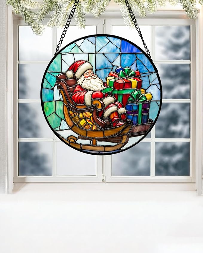 Stained Glass Window Hanging - Santa Claus Gift BoxSuncatcher for Doors Home Christmas Decoration Winter Sun Catcher Thanksgiving New Year Birthday Gift for Women Men Mom Nana 6.3 in