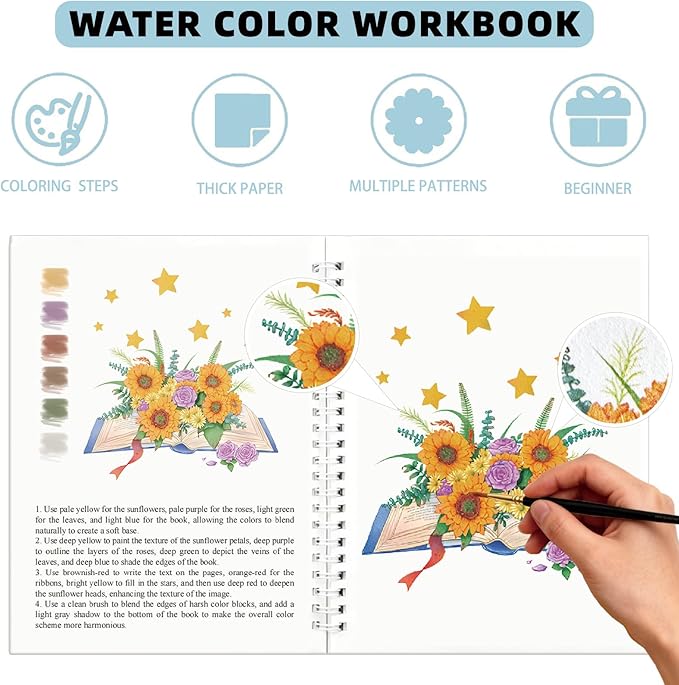 Watercolor Workbook, 15 Different Patterns of Original DIY Paintings for Water Color Book, 8.7 * 6.7inch, Water Coloring Book for Beginners Adults (Without Palette, Bouquets)
