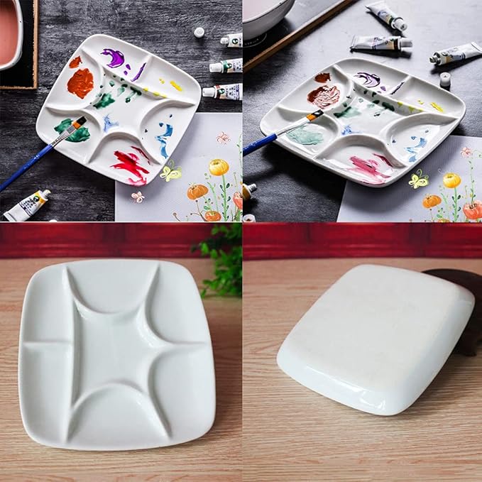 7-Well Square White Ceramic Artist Paint Palette Glazed Watercolor Painting Mixing Ceramic Porcelain Palette Oil Painting 5.7" Diameter