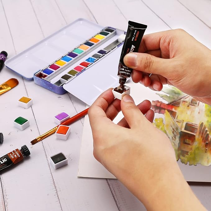 LOONENG Empty Watercolor Palette, Empty Watercolor Tin with Fold Out Palette, Medium Purple Watercolor Tray Palette with 26 Empty Half Pans for Plein Air Painting and Sketching