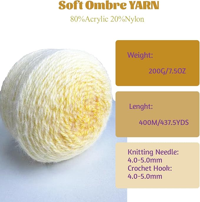 MSD&FT Ombre Yarn, 80% Acrylic 20% Nylon Blend, Pink Gradient, 4-Pack (Minion Yellow)