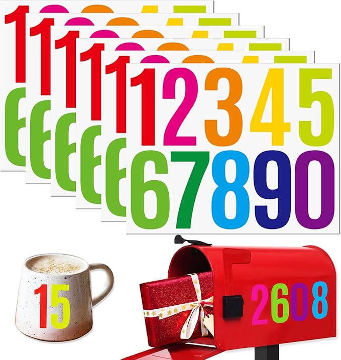 6 Sheets 3 Inch Mailbox Numbers Stickers Vinyl Decals,Self Adhesive Number Waterproof House Address Numbers for Outside Mailbox,Signs,Window,DIY Crafts Making,Door,Car,Home,Business(Multicolor)