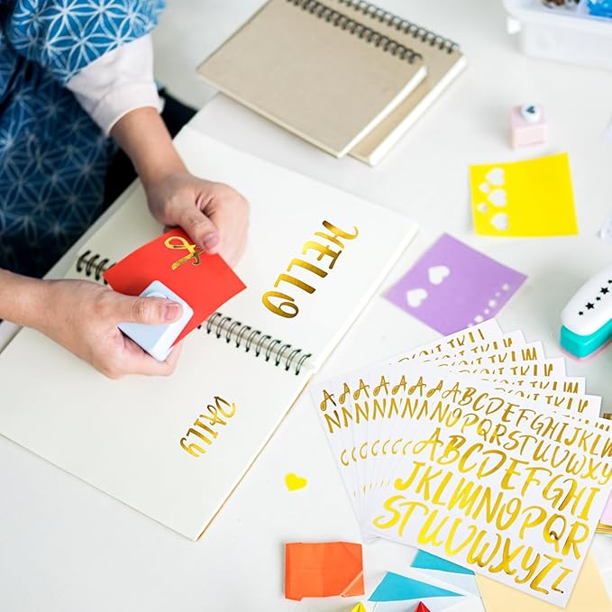 TaoBary 416 Pcs Gold Letter Stickers 8 Sheets Capital Alphabet Stickers 2 Size Vinyl Cursive Self-Adhesive Letter Decor for Gifts, Scrapbooking, DIY Craft, Water Bottle(1'', 1.5'')