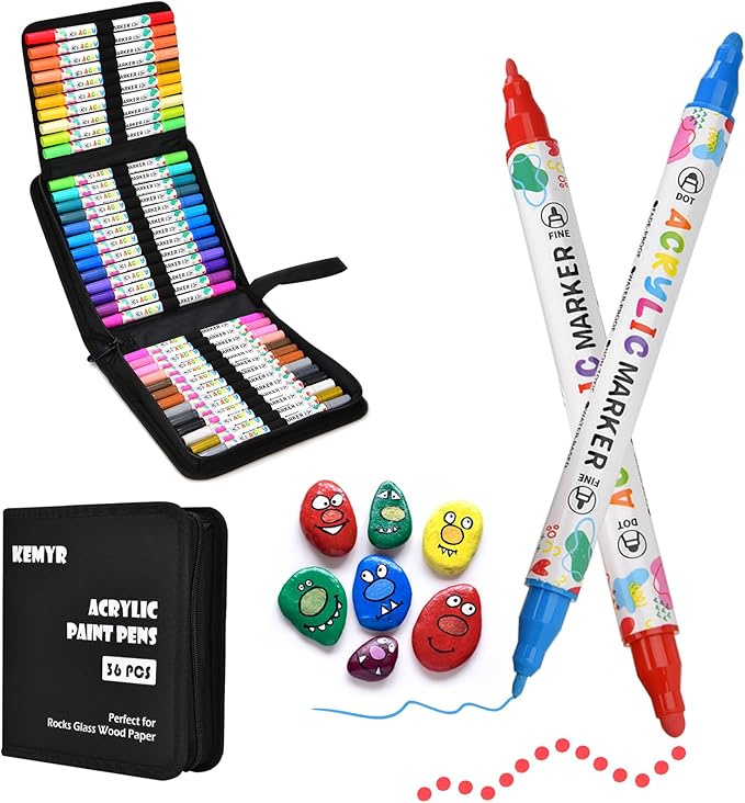 36 Colors Acrylic Paint Pens, Dual Tip Acrylic Paint Markers for Paper, Wood, Canvas, Stone, Rock Painting, Glass, Fabric, DIY, Ceramic, Art Supplies for Adults Drawing (Dot + Fine)