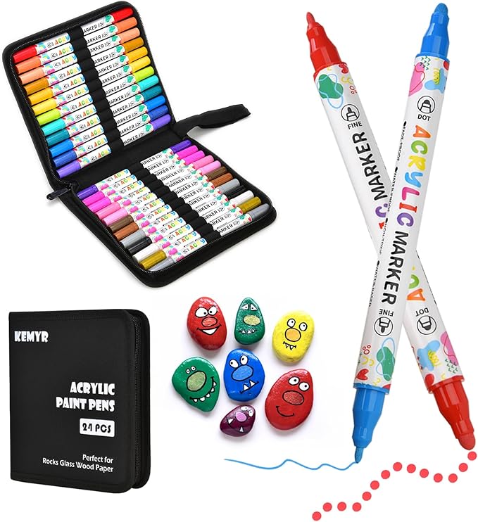 24 Colors Acrylic Paint Pens, Dual Tip Acrylic Paint Markers for Paper, Wood, Canvas, Stone, Rock Painting, Glass, Fabric, DIY, Ceramic, Art Supplies for Adults Drawing (Dot + Fine)