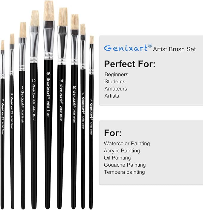 Acrylic Oil Watercolor Paint Brush Set, 9pcs Flat Paintbrushes for Art Painting, 100% Natural White Hog Bristle Artist Paint Brushes for Students Adults (Black Handle)