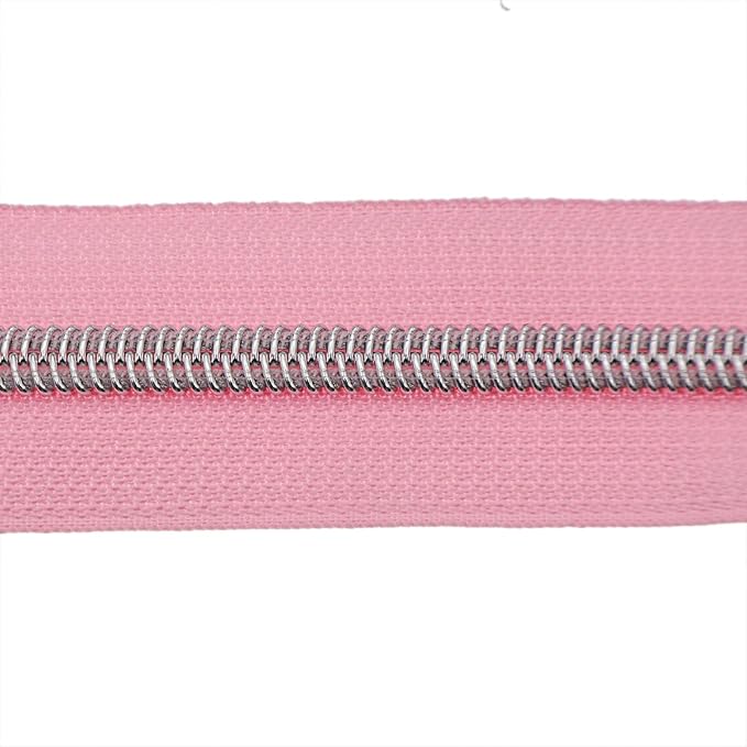 #5 Silver Metallic Nylon Coil Zippers by Yard Bulk Coil Zipper Roll 10 Yards with 25pcs Silver Pull for DIY Sewing Craft Bag(Pink) YIGUANXIN