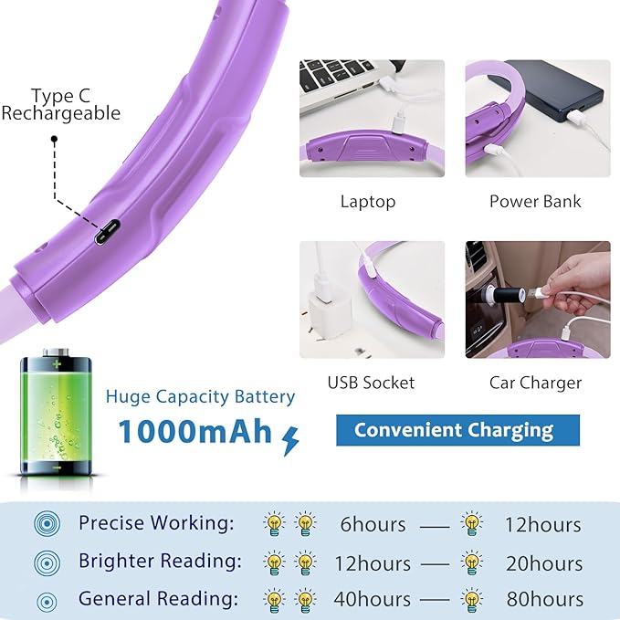 LUXJET Reading Light for Neck, 3 Colors & 6 Brightness Levels, Rechargeable Hands-Free Book Light with Flexible Gooseneck, 80Hrs for Night Reading, Eye-Caring Gift for All Ages