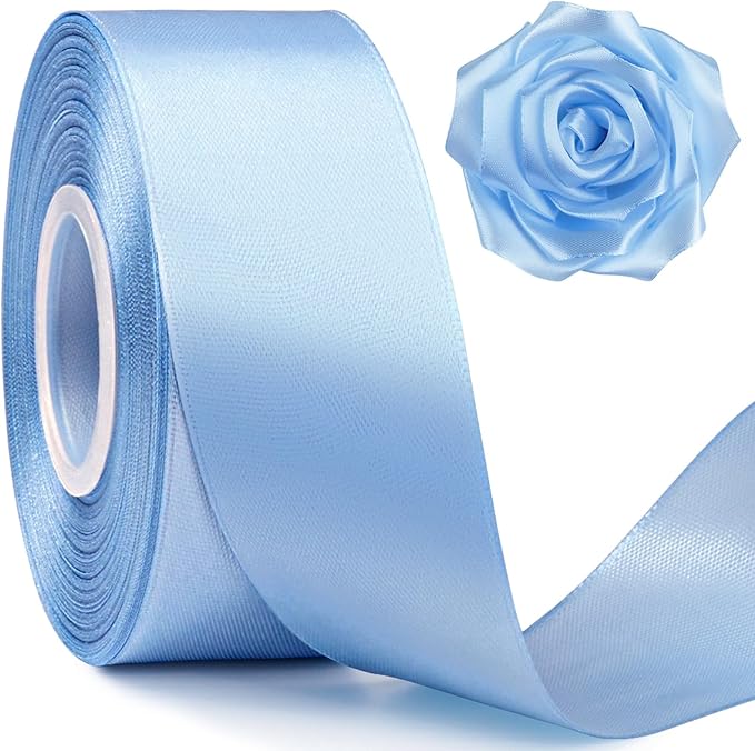 1-1/2 Inch Wide Sky Blue Satin Ribbon, 50 Yards Solid Polyester Fabric Ribbon for Roses Making, Gift Wrapping, Valentine's Day, Wedding Decorations, Crafts, Bows