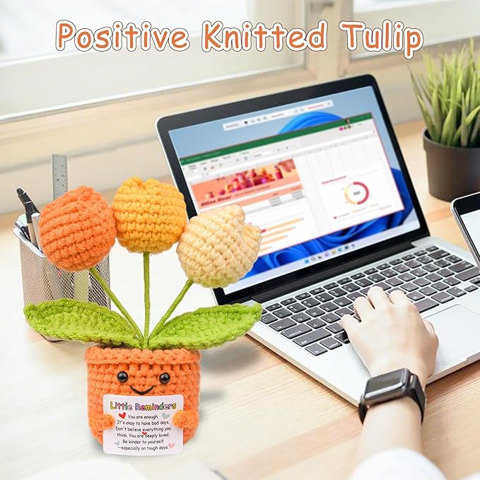 Positive Crochet Tulip Flower, Handmade Emotional Support Knitted Tulip Flowers - You are Enough - Birthday Xmas Positive Gift for Coworker Boss Her Him College Friend
