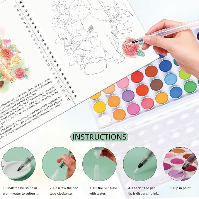 Watercolor Workbook Coloring Books 36 Colors Beginner Friendly Painting Kit, Portable Watercolor Paint Set with 2 Brush,Art Supplies for Painting Travel Gift